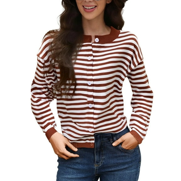 Arlun Striped Cardigan Sweaters for Women Trendy Lightweight Button up Knitting Sweater Coats Long Sleeve Loose Soft Comfort Outerwear Fall Winter Thin Clothes Coffee One Size