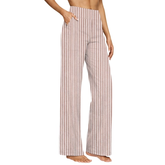 Arlun Striped Linen Pants for Women Breathable Lightweight Flowy Palazzo Drawstring Elastic Waist Trousers with Pockets Summer Stylish Beach Vacation Clothes Pink XL