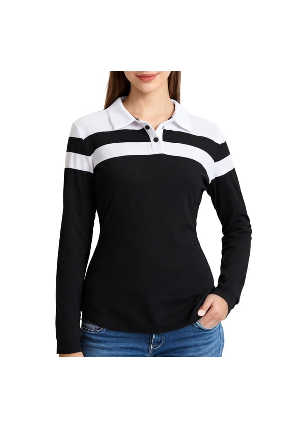 Striped Long Sleeve Polo Shirt for Women Plus Size 1/4 Button Slim Fit Trendy Black and White Color-Block Tops Lightweight Cozy V-Neck Casual Workout and Daily Wear Black XXL