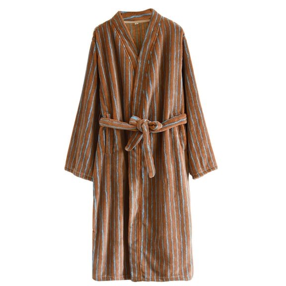 Arlun Striped Plush Robes for Women Fuzzy Warm Comfortable Winter Belted Kimono Bathrobe Fleece Soft Over the Knee Length Nightgown Sleepwear with Belt Brown M