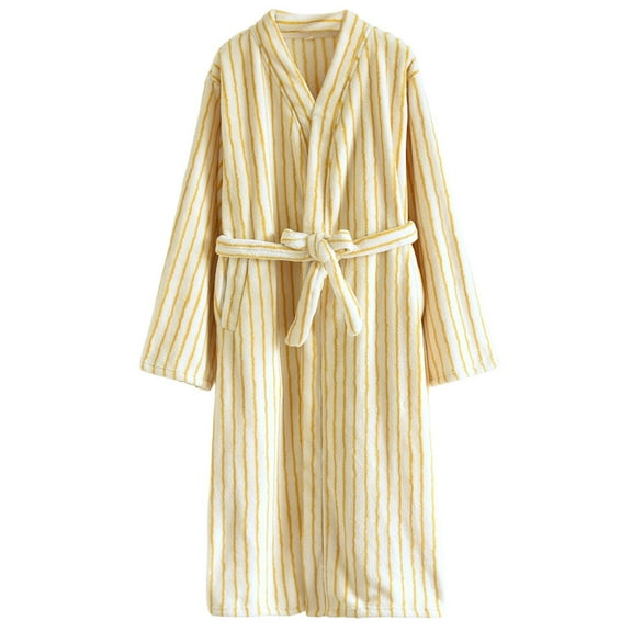 Arlun Striped Plush Robes for Women Fuzzy Warm Comfortable Winter Belted Kimono Bathrobe Fleece Soft Over the Knee Length Nightgown Sleepwear with Belt Yellow M