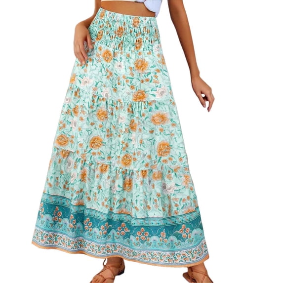 Arlun Summer Bohe A-Line Long Skirts for Women Loose Cozy Lightweight Flowy Floral Maxi Skirt 2026 Beach Vacation Stylish Bottoms Smocked Elastic High Waist Casual Skirt 2-Light Green XXL