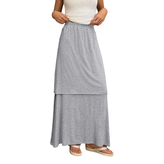 Arlun Summer Casual Maxi Skirts for Women Elastic High Waist Double Layer Stylish Slim Fit A Line Long Skirts Lightweight Flowy Soft Comfortable Solid Color Daily Wear Grey L