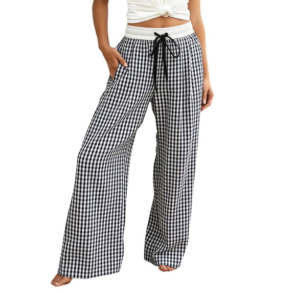 Arlun Summer Checkered Wide Leg Pants Women Lightweight Breathable Drawstring Elastic Waisted Plaid Trousers Loose Comfort Fit for Daily and Beach Vacation Wear 1-Black One Size