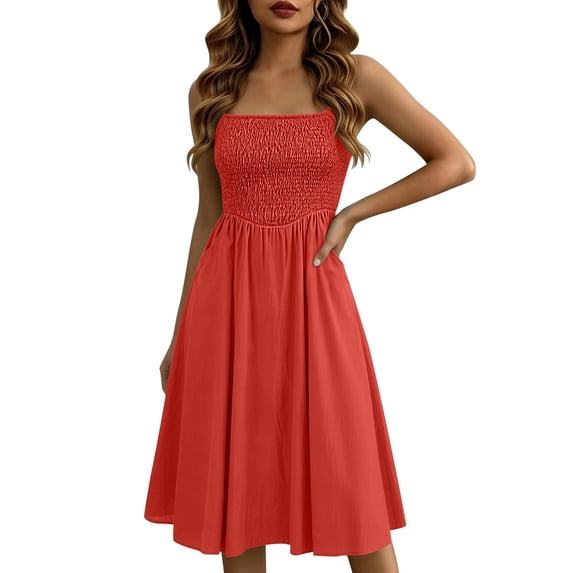 Arlun Summer Dresses for Women 2026 Square Neck Smocked Sleeveless Spaghetti Shoulder Strap Elastic Waisted Solid Color Boho Beach Vacation Casual Dress Red S