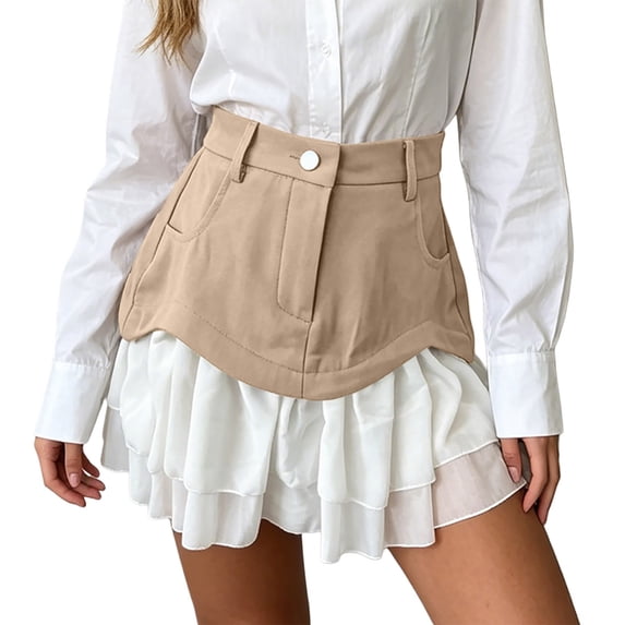 Arlun Summer Two-Piece Patchwork Mini Skirts Women High Waisted Ruffle Layered Stitching Short Skirt with Pockets 2026 Fashion Asymmetric Bodycon Skirts Casual Wear Beige L
