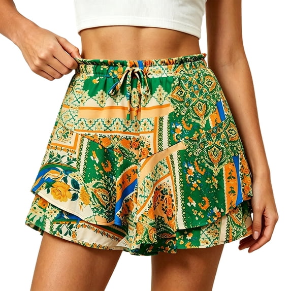 Arlun Summer Floral Boho Mini Skirts for Women Vintage Drawstring Elastic Waisted Chiffon Ruffle Layered A Line Skirt with Inner Lightweight Comfort Elegant Short Skirts 7-Green XL