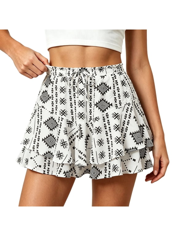 Summer Floral Boho Mini Skirts for Women Vintage Drawstring Elastic Waisted Chiffon Ruffle Layered A Line Skirt with Inner Lightweight Comfort Elegant Short Skirts 9-White XXL