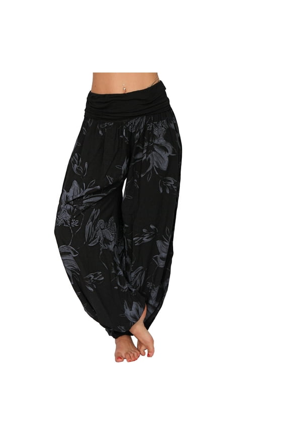 Summer Floral Print Harem Pants for Women Fashion Boho Style High Waisted Wide Leg Flowy Casual Trousers Lightweight Loose Comfort Plus Size Yoga Joggers Black XL