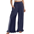 thumbnail image 1 of Arlun Summer Linen Pants Women Wide Leg Ruffle Hem Palazzo Pants Elastic High Waisted Lightweight Loose Flowy Beach Vacation Trousers with Sides Pockets Navy S, 1 of 3