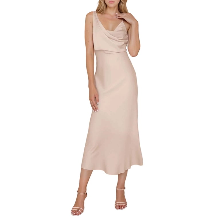 Arlun Summer Satin Cowl Neck Midi Dress for Women 2026 Elegant Formal Spaghetti Strap Backless Wedding Guest Dresses Stylish Plain Color Waisted Flowy