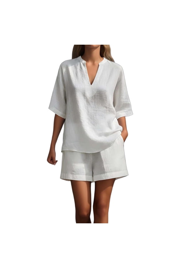 Summer Solid Color Linen Shorts Sets Women Casual Loose Fit 2 Piece Outfits Lightweight Breathable V-Neck Half Sleeved Tops Matching Baggy Bottoms Vacation Wear White XL