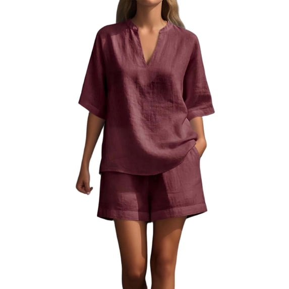 Arlun Summer Solid Color Linen Shorts Sets Women Casual Loose Fit 2 Piece Outfits Lightweight Breathable V-Neck Half Sleeved Tops Matching Baggy Bottoms Vacation Wear Red L