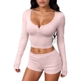 thumbnail image 1 of Arlun Summer Two Piece Yoga Sets for Women Button up Scoop Neck Long Sleeve Crop Tops and Stretch Tight Shorts 2026 Spring Summer Slim Solid Color Workout Casual Outfits Pink L, 1 of 4
