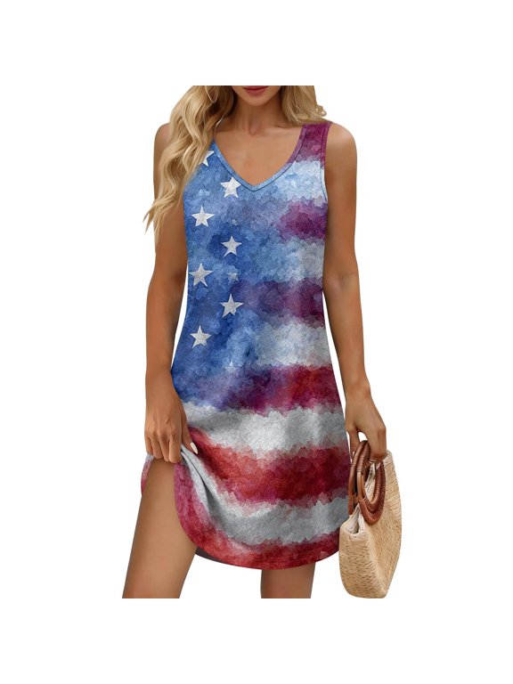 Summer USA 250th Anniversary Dresses for Women 2026 Casual Independence Day Flag Print Short Sundress Sleeveless V-Neck Flowy Boho Beach Mini Tank Top Dress with Pockets 17-Light Gray XL