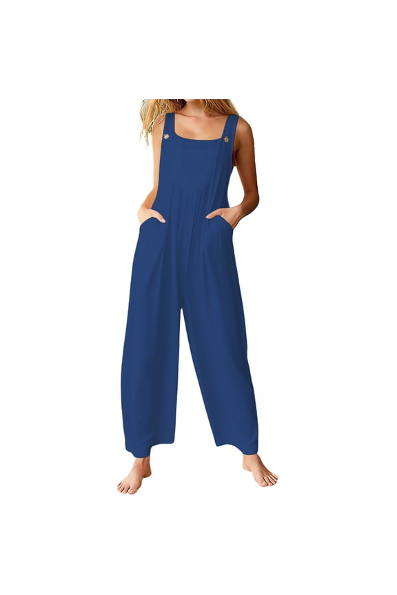 Summer Workout Jumpsuits for Women Plus Size Wide Leg Baggy Bib Overalls Casual Simple Solid Color Sleeveless Rompers with Pockets for Daily Leisure Wear Dark Blue S