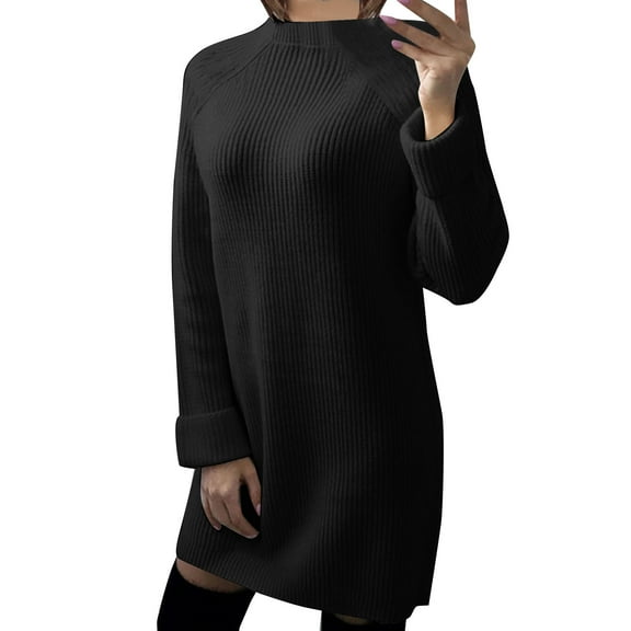 Arlun Sweater Dresses for Women 2025 Fall Fashion Neck Long Lantern Sleeve Oversized Outfits Casual Solid Color Loose Soft Comfort Knit Tops Clothes Black XL