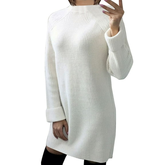 Arlun Sweater Dresses for Women 2025 Fall Fashion Neck Long Lantern Sleeve Oversized Outfits Casual Solid Color Loose Soft Comfort Knit Tops Clothes White L