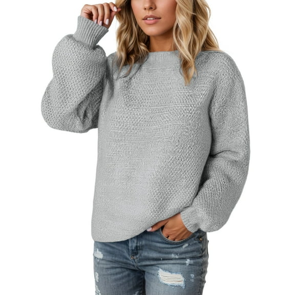 Arlun Sweaters for Women Fall 2025 Crew Neck Lantern Sleeve Casual Oversized Pullovers Long Sleeve Comfortable Loose Solid Color Knit Winter Warm Tops Grey XS