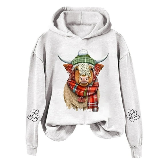 Arlun Sweatshirts for Women Trendy Western Cow Printed Loose Hoodies Plus Size Long Sleeve Soft Lightweight Cozy Country Western Hooded Pullover Sweatshirt White XL