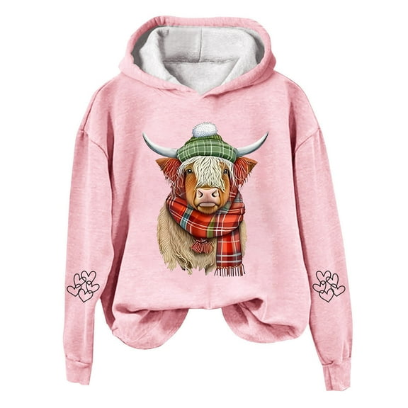 Arlun Sweatshirts for Women Trendy Western Cow Printed Loose Hoodies Plus Size Long Sleeve Soft Lightweight Cozy Country Western Hooded Pullover Sweatshirt Pink XL