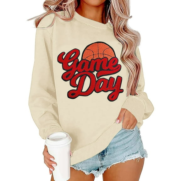 Arlun Sweatshirts for Women Fashion Game Day Letter Printed Basketball Graphic Sweatshirt Long Sleeve Loose Cozy Crewneck Pullover Tops Beige L