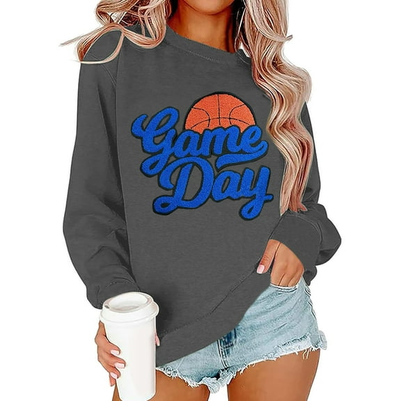 Arlun Sweatshirts for Women Fashion Game Day Letter Printed Basketball Graphic Sweatshirt Long Sleeve Loose Cozy Crewneck Pullover Tops Grey L