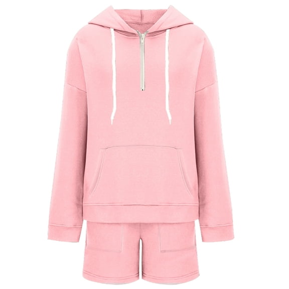 Arlun Sweatsuits for Women 2 Piece Outfit Plain Half Zip Drop Shoulder Long Sleeve Hoodies and Shorts with Pockets Loose Fit Soft Comfy Travel Loungewear Matching Set Pink L