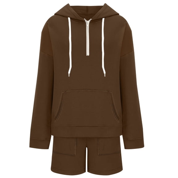Arlun Sweatsuits for Women 2 Piece Outfit Plain Half Zip Drop Shoulder Long Sleeve Hoodies and Shorts with Pockets Loose Fit Soft Comfy Travel Loungewear Matching Set Coffee XXL