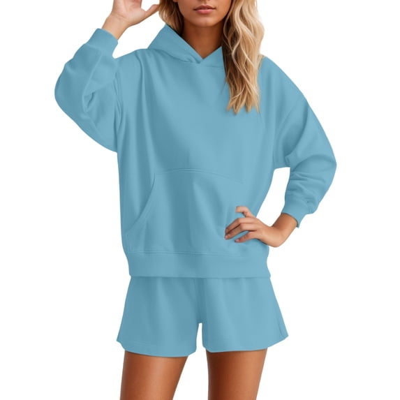 Arlun Sweatsuits for Women 2 Piece Solid Color Outfit Drop Shoulder Long Sleeve Hoodies with Pocket and Shorts Relaxed Fit Soft Comfortable Loungewear Matching Set Light Blue XL
