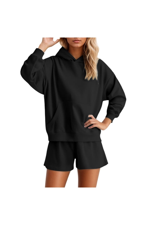Sweatsuits for Women 2 Piece Solid Color Outfit Drop Shoulder Long Sleeve Hoodies with Pocket and Shorts Relaxed Fit Soft Comfortable Loungewear Matching Set Black M
