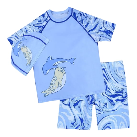 Arlun Swim Suits for Kids Fashion Graphic Printed 3 Piece Boys Swimsuits Crewneck Short Sleeve Tops and Drawstring Swim Trunks with Stretch Cap Comfy Cute Boys Swim Set 2-Sky Blue 5-6 Years