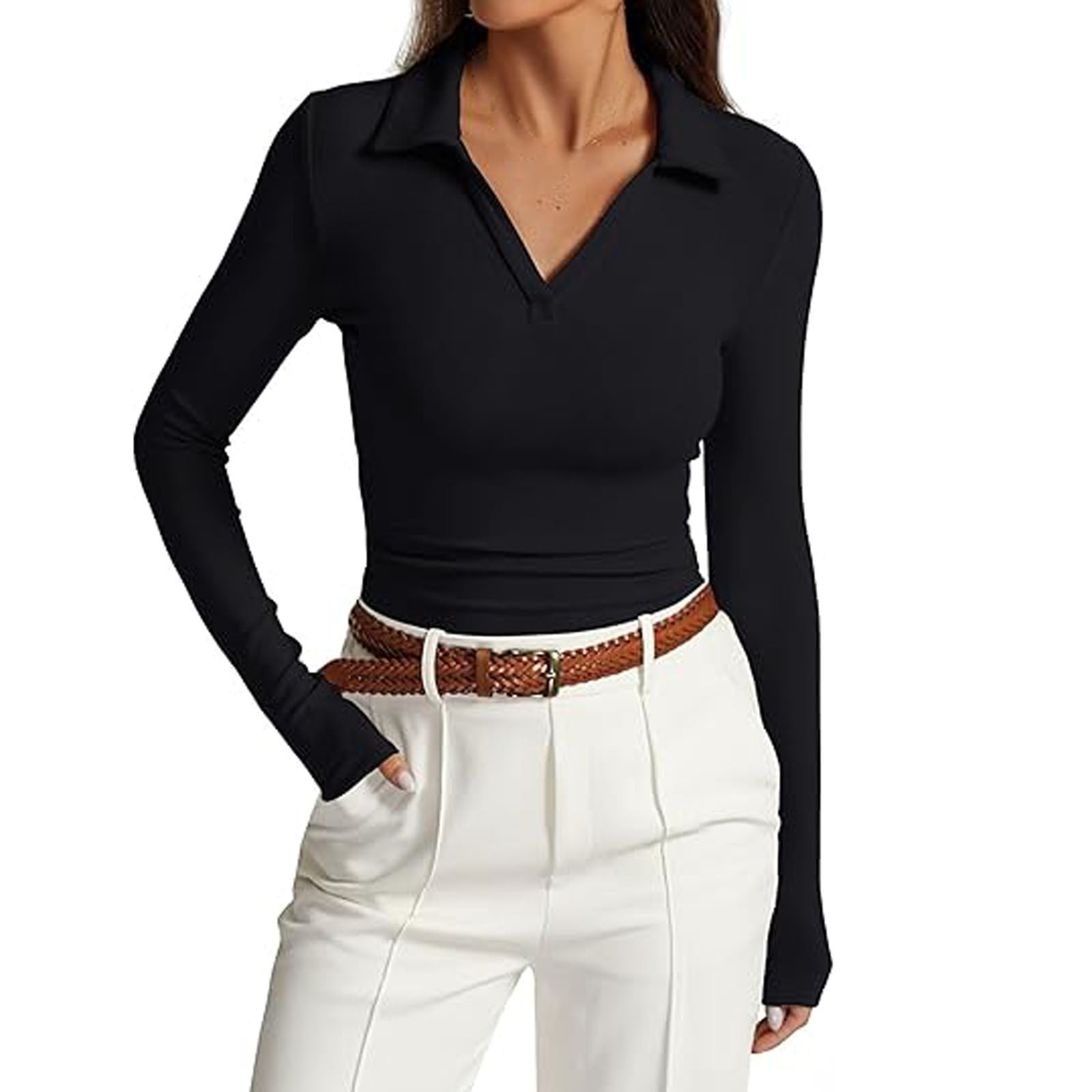 Arlun,Tight Shirts for Women 2025 Fall Basic V-Neck Stretchy Slim Fit ...