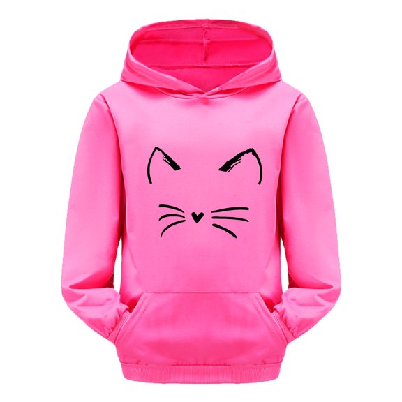Arlun Toddler Girls Hoodies Cute Cat-Face Printed Kids Pullover Sweatshirts Loose Soft Comfortable Long Sleeve Hooded Tops with Pocket Child Casual Sports Outfits Hot Pink 2-3Years