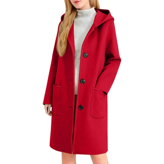 Arlun Trench Winter Coats for Women with Hood Trendy Single Notched Lapel Collar Pea Coat Fall Winter Button down Long Sleeve Comfy Warm Jackets with Pockets Red L