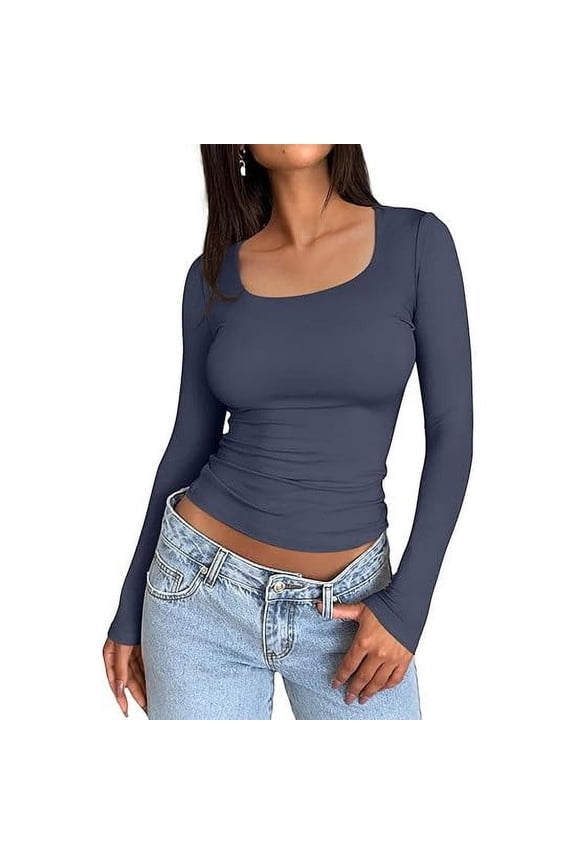 ,Trendy Elastic Tight T Shirts for Women Plain Basic Crewneck Long Sleeve Slim Fit Tops Fall New Women's Simple Soft Comfortable Going out Tshirts Navy XS