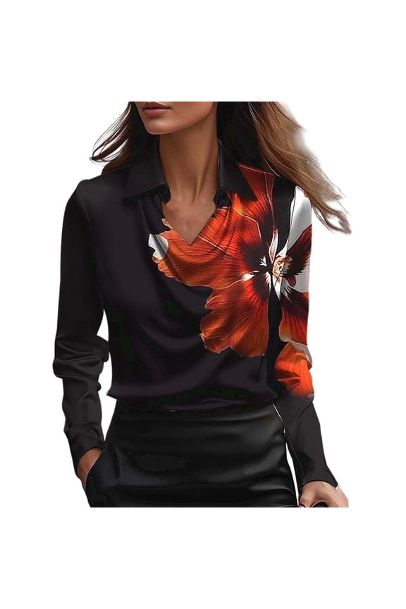 Trendy Floral Print Elegant Draped Neck Blouse Lightweight Lapel Collar Long Sleeve Business Casual Shirt Soft Comfortable Trendy Ladies Work Tops 2-Black XS