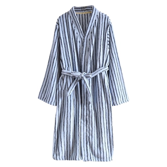 Arlun Trendy Striped Sleepwear Robes for Women Soft Fluffy Over the Knee Length Wrap Loungewear with Belt Lightweight Comfortable Fashion Simple Design Nightwear Blue M