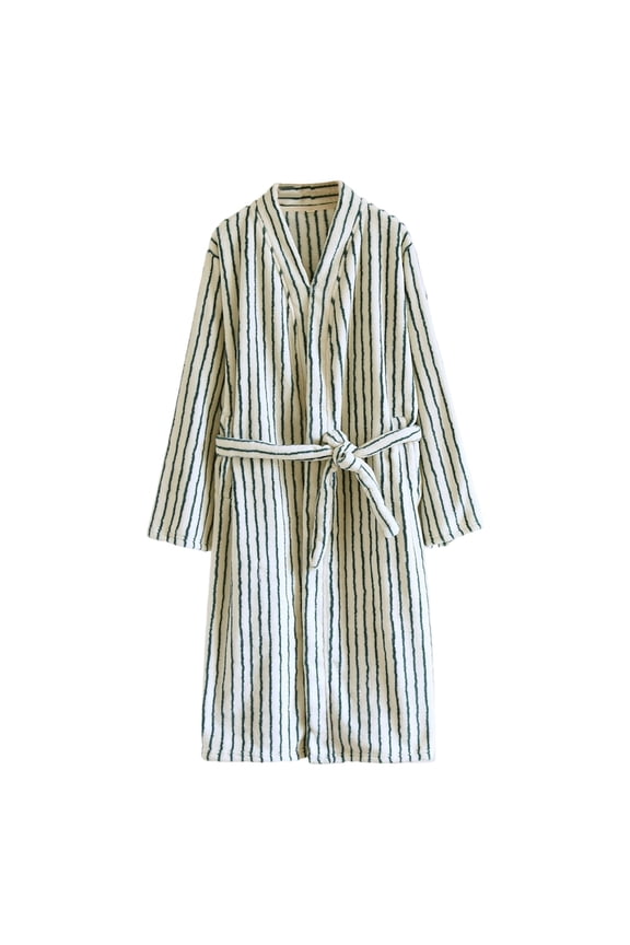 Trendy Striped Sleepwear Robes for Women Soft Fluffy Over the Knee Length Wrap Loungewear with Belt Lightweight Comfortable Fashion Simple Design Nightwear Green M