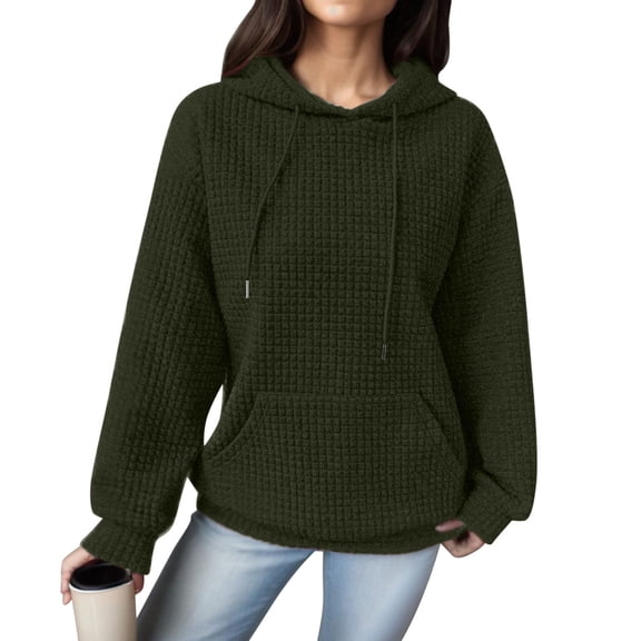 Arlun Trendy Waffle Hoodies for Women Casual Long Sleeve Drawstring Pullover Tops Ladies Loose Solid Color Classic Hooded Sweatshirts with Pocket 2025 Fall Winter Outfits Green XXL