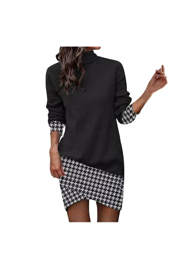 Turtleneck Long Sleeve Print Mini Dress Package Irregular Fashion Long Sleeve Short Dress Soft Comfort Stylish Fall Winter Clothes 2025 for Work Casual Wear Black XXL