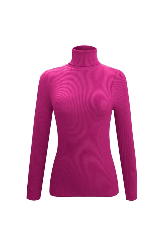 Turtleneck Ribbed Sweaters for Women Cute Solid Color Knitted Warm Slim Fitted Sweater Long Sleeve Stretch Casual Fall Winter Base Layer Pullover Tops Hot Pink XL