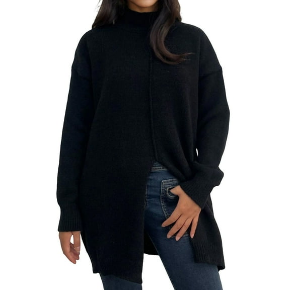 Arlun Turtleneck Sweaters for Women Longline Split Hem Soft Long Sleeve Sweater Fall Winter Trendy Solid Color Oversized Comfortable Knit Pullover Tops 2025 Fashion Outfits Black S