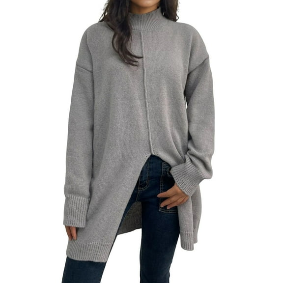 Arlun Turtleneck Sweaters for Women Longline Split Hem Soft Long Sleeve Sweater Fall Winter Trendy Solid Color Oversized Comfortable Knit Pullover Tops 2025 Fashion Outfits Grey S