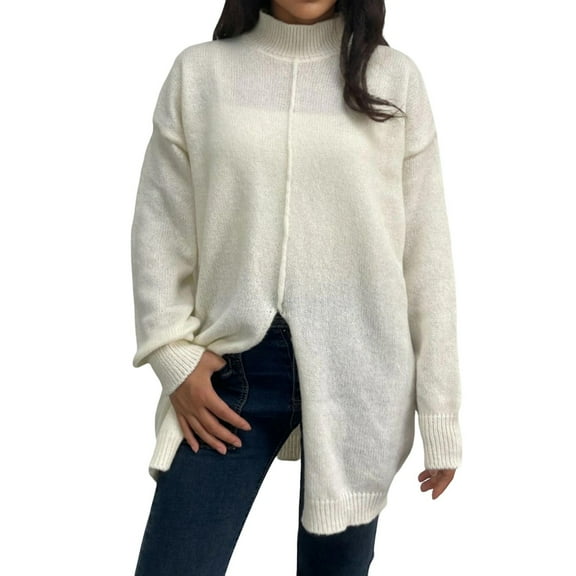 Arlun Turtleneck Sweaters for Women Longline Split Hem Soft Long Sleeve Sweater Fall Winter Trendy Solid Color Oversized Comfortable Knit Pullover Tops 2025 Fashion Outfits White S