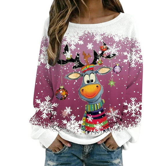 Arlun Christmas Sweaters for Women 2025 Funny Xmas Graphic Printed Knit Sweater Long Sleeve Loose Crewneck Pullover Tops Fall Winter Soft Comfy Warm Holiday Sweatshirts Hot Pink2 L