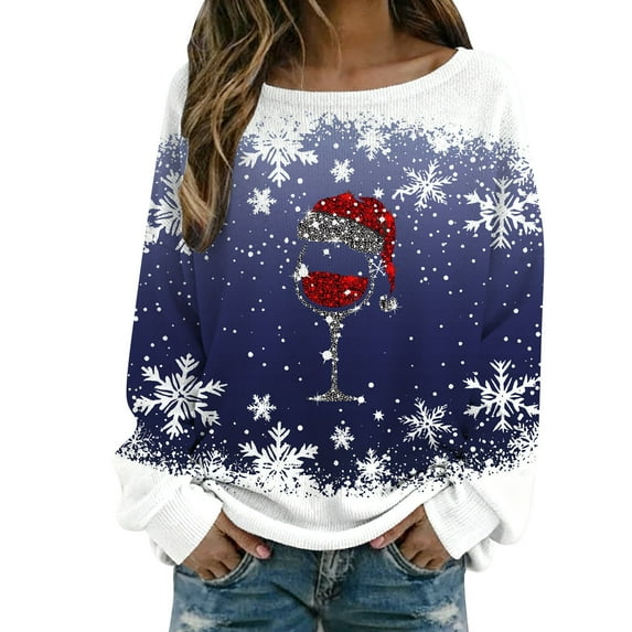 Arlun Ugly Christmas Sweaters for Women 2025 Funny Xmas Graphic Printed Knit Sweater Long Sleeve Loose Crewneck Pullover Tops Fall Winter Soft Comfy Warm Holiday Sweatshirts Dark Blue XL
