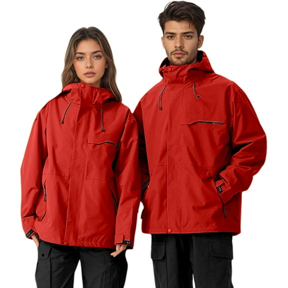 Arlun Unisex Lined Windbreaker Jackets Autumn and Winter Full Zipper up Detachable Windproof Hooded Coats for All Seasons Loose Fit Long Sleeve Warm Hiking Outwear Red S