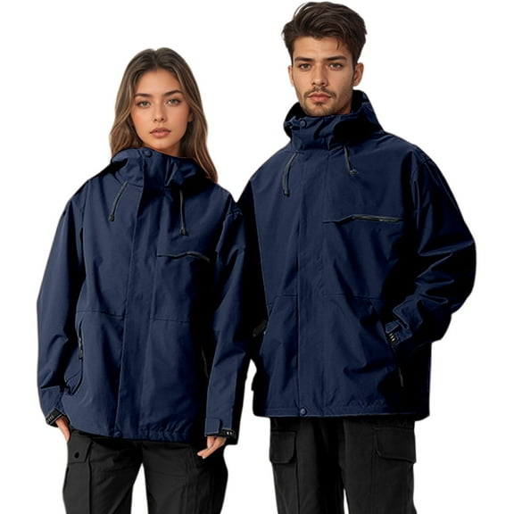 Arlun Unisex Lined Windbreaker Jackets Autumn and Winter Full Zipper up Detachable Windproof Hooded Coats for All Seasons Loose Fit Long Sleeve Warm Hiking Outwear Dark Blue L