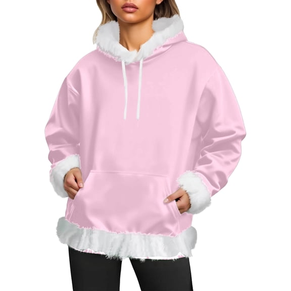 Arlun Unisex Oversized Hoodies Trendy White Faux Fuzzy Trim Solid Color Pullover Sweatshirts with Pockets Casual Long Sleeve Drawstring Hooded Tops for Men Women 2-Light Pink XL